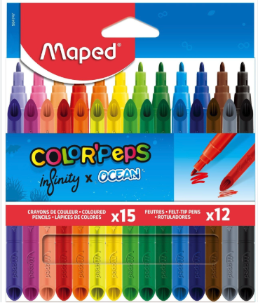 Crayons de couleur Infinity X 15 + Feutres Ocean x 12 Color Peps Boite Carton Maped 984747